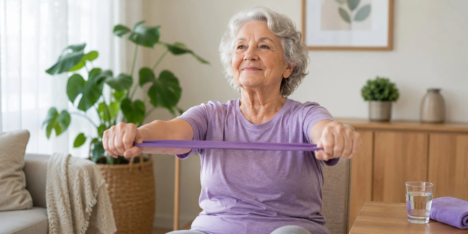 Paciente idosa realizando exercício de fisioterapia domiciliar