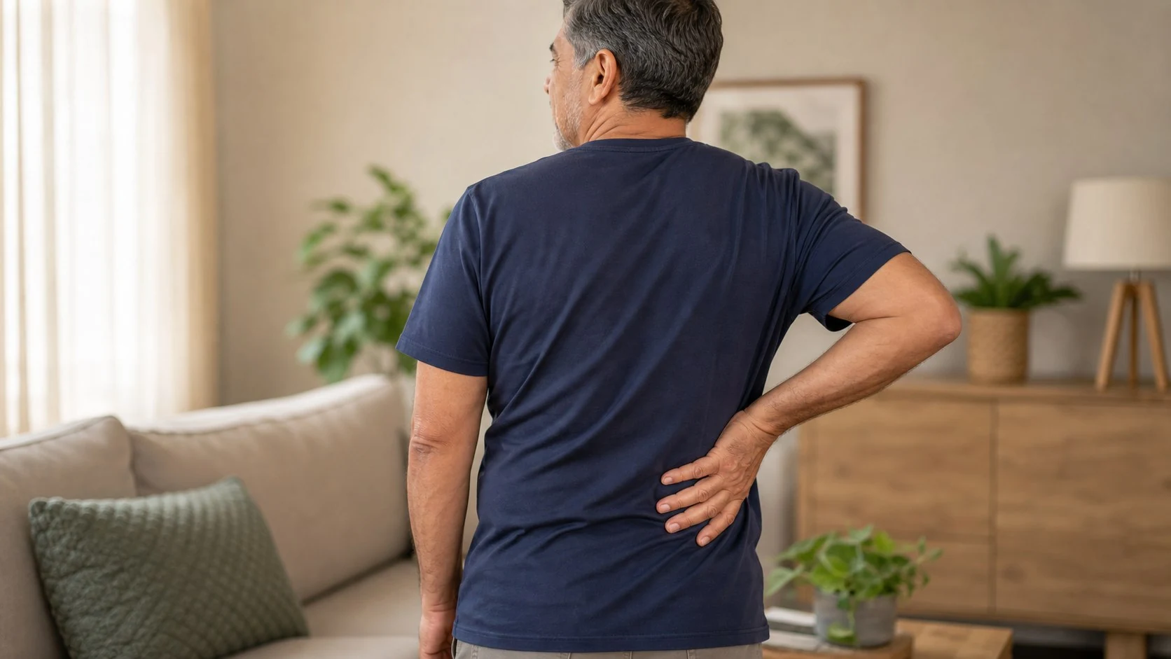Homem de aproximadamente 60 anos sentindo dor lombar