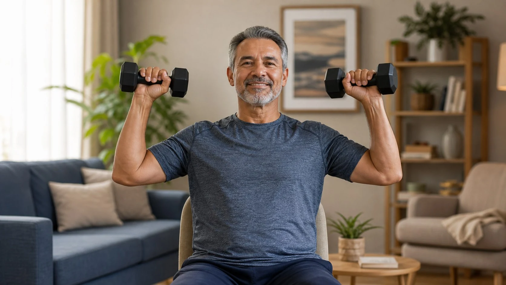 Homem de aproximadamente 55 anos realizando exercício com pesos